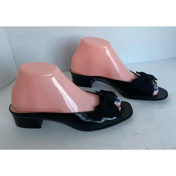 Salvatore Ferragamo Black Patent Leather Bow Open Toe Mule Slide Sandals Sz 7.5B - Picture 3 of 10